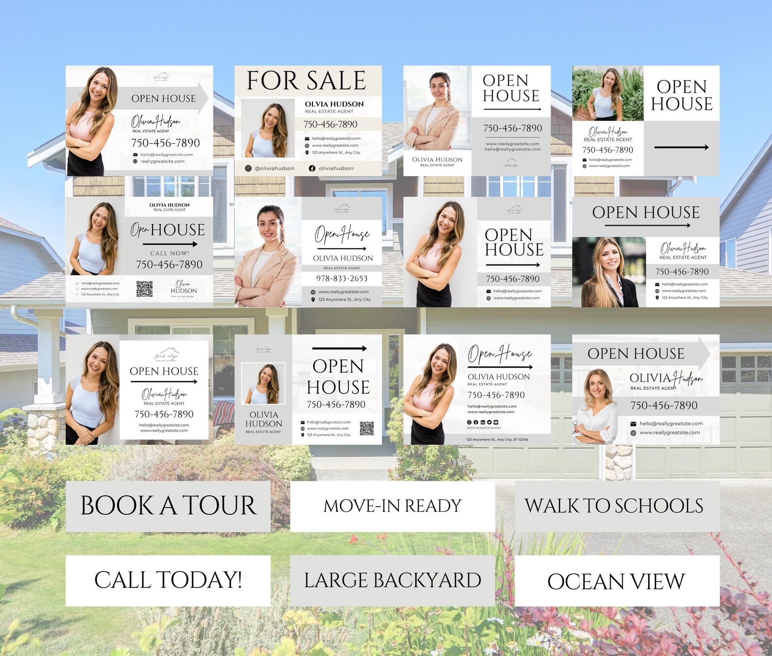 25 Open House Landscape Yard Signs + 120 Sign Riders Gray and White