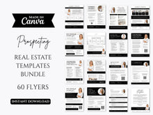 Promotional graphic for a real estate prospecting templates bundle, showing multiple black, white, and gray flyer layout previews on the right and large text on the left reading 'Made in Canva', 'Prospecting', 'Real Estate Templates Bundle', and '60 Flyers Instant Download'.