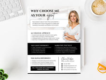 A printed real estate agent resume/CV template titled 'WHY CHOOSE ME AS YOUR agent' shown in a styled flat-lay with a keyboard, coffee cup, and greenery. The design is mostly white with black text and blocks, plus a photo of a smiling woman on the upper right of the page.