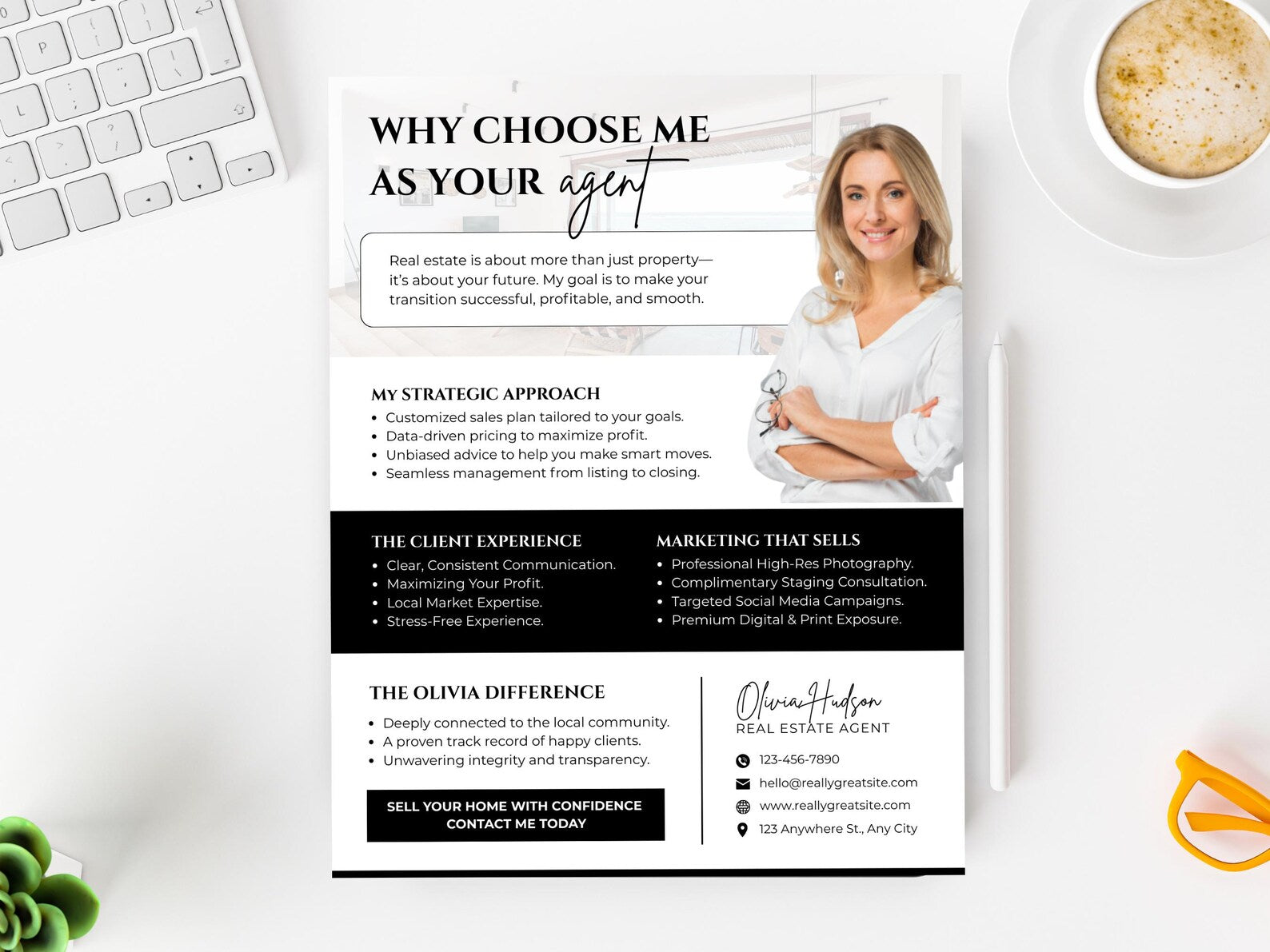 A printed real estate agent resume/CV template titled 'WHY CHOOSE ME AS YOUR agent' shown in a styled flat-lay with a keyboard, coffee cup, and greenery. The design is mostly white with black text and blocks, plus a photo of a smiling woman on the upper right of the page.