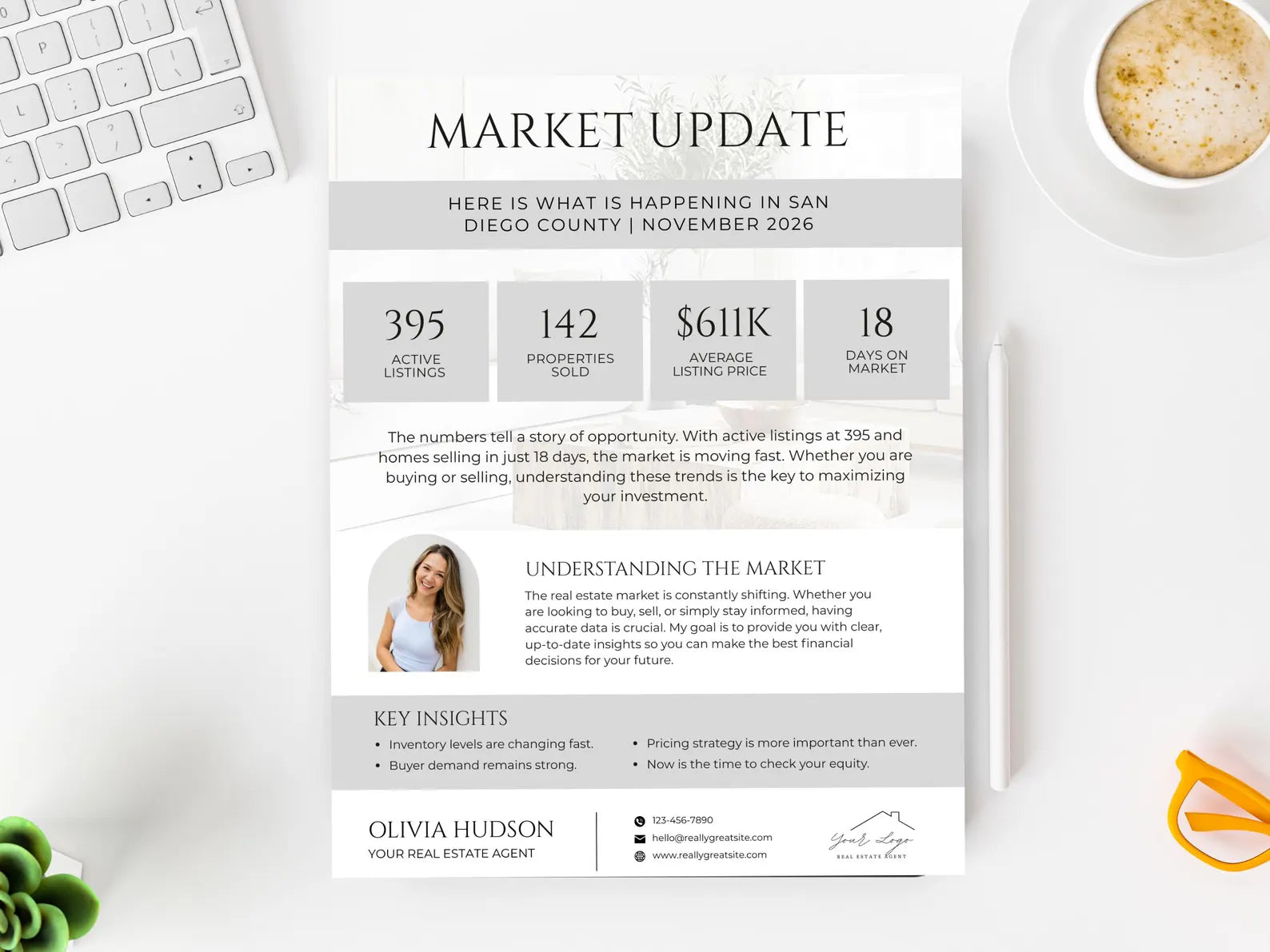 A real estate market update flyer template displayed on a white desk flat-lay with a keyboard.