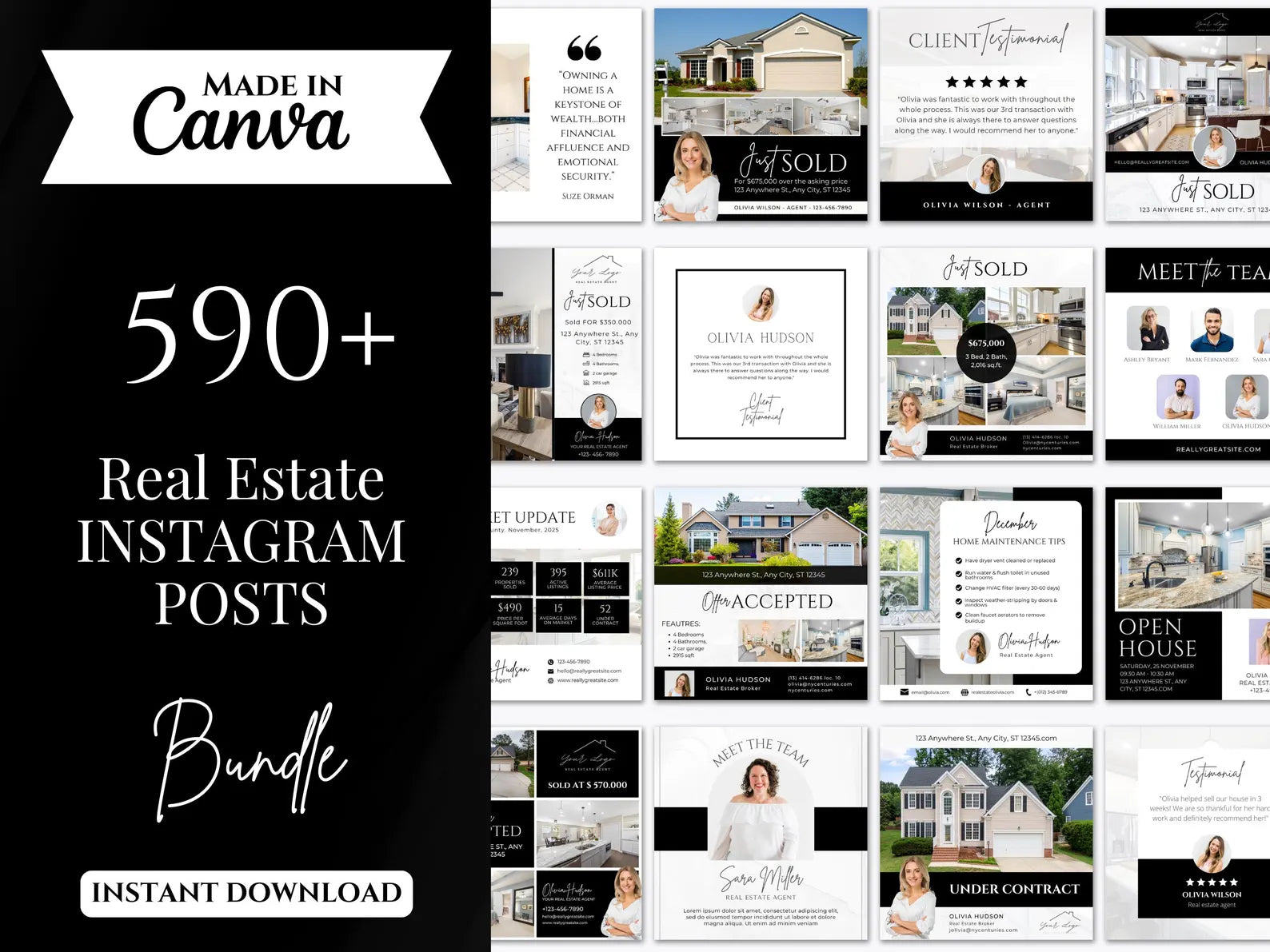 590 Real Estate Instagram Posts Bundle | Real Estate Social Media Templates | Real Estate Marketing | Realtor social media | Black And White