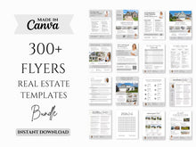Promotional graphic for a Canva real estate templates bundle, showing the text 'Made in Canva', '300+ Flyers Real Estate Templates Bundle', and 'Instant Download' alongside a grid of sample flyer layouts.