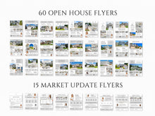 A catalog-style preview showing many real estate open house flyer templates arranged in rows on a white background, with text reading '60 OPEN HOUSE FLYERS' at the top and '15 MARKET UPDATE FLYERS' below.