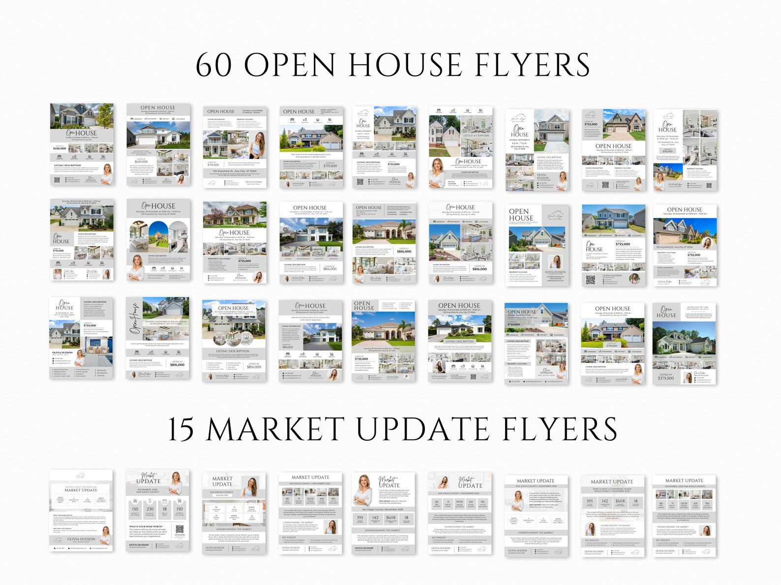 A catalog-style preview showing many real estate open house flyer templates arranged in rows on a white background, with text reading '60 OPEN HOUSE FLYERS' at the top and '15 MARKET UPDATE FLYERS' below.