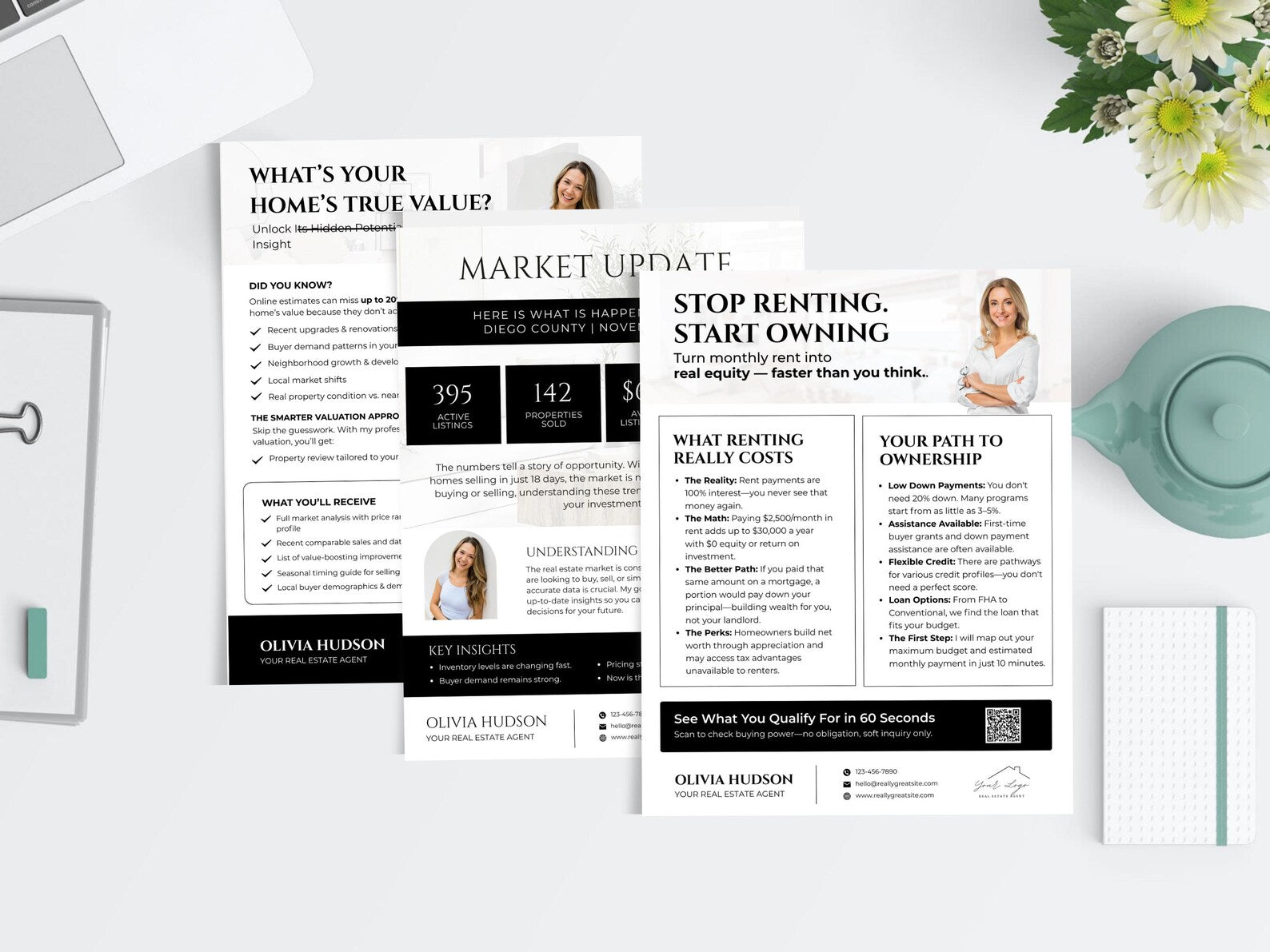 A styled flat-lay of two printed marketing or career update brochures on a white surface, surrounded by a laptop, mint cup, flowers, and a notebook. The brochures feature black, white, and beige design with text sections and small photos of a woman.