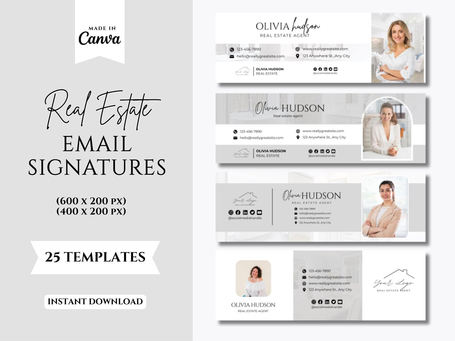 Modern Realtor Email Signature Bundle (25 Designs, 2 Sizes) Gray and White