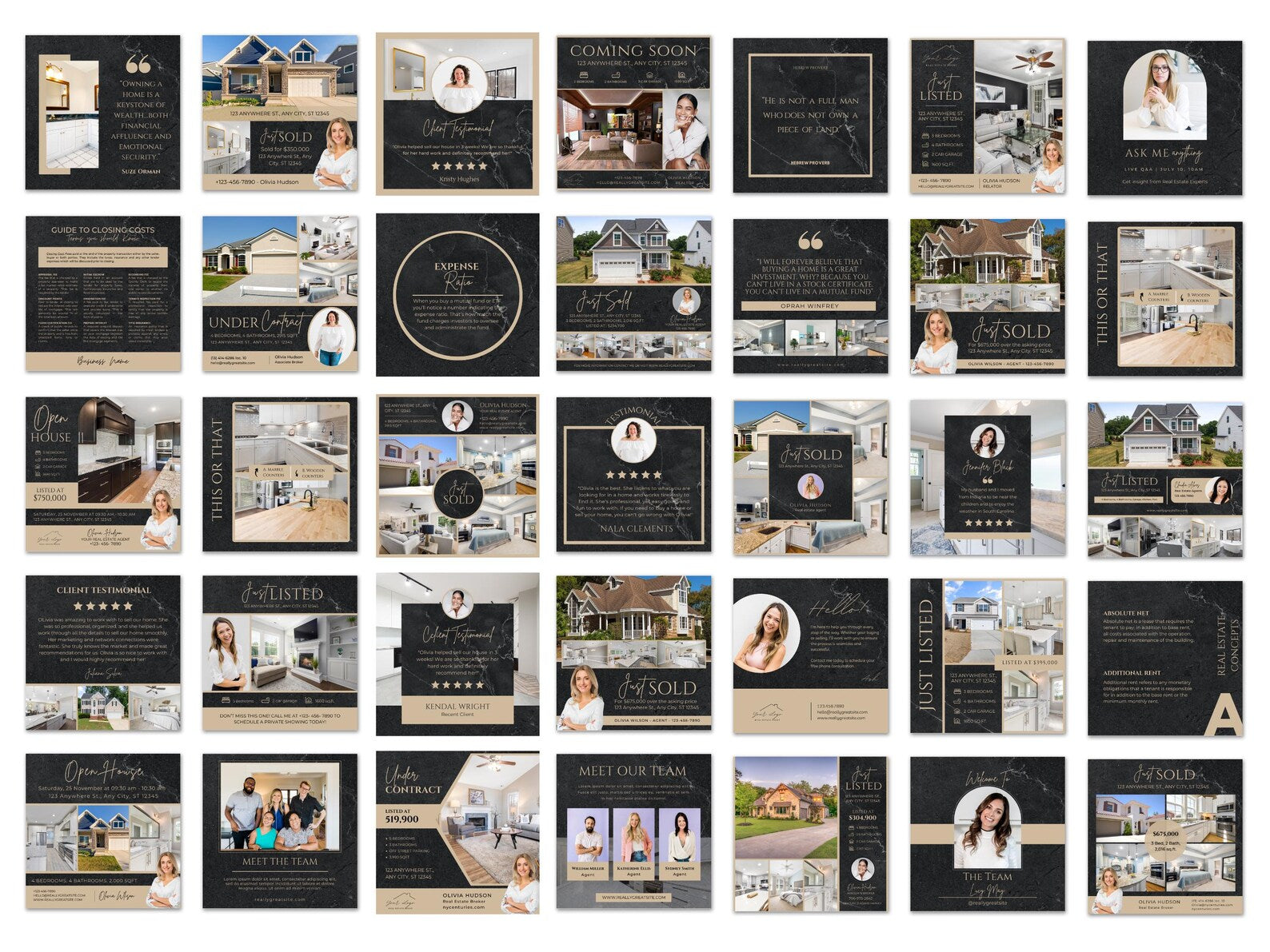 A grid of 30 real estate marketing templates and social media posts in a consistent black and beige design theme, featuring house photos, text layouts, and placeholder portraits.