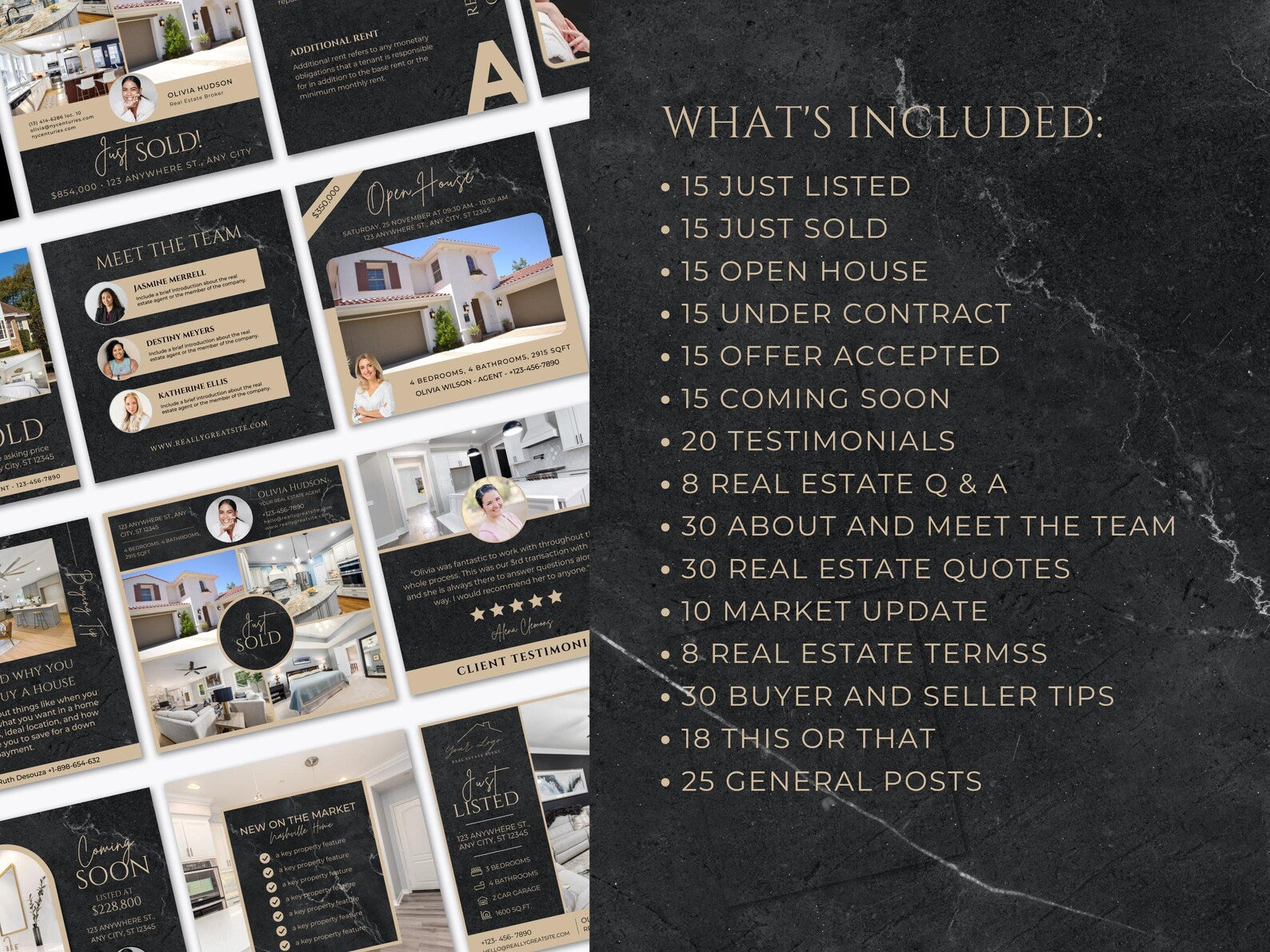 A promotional collage for a real estate social media template pack, showing multiple black, beige, and white post designs on the left, and a text list on a dark marble background on the right detailing what is included.