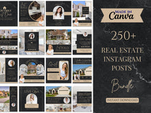 A promotional collage for a bundle of 250+ real estate Instagram posts, with multiple sample post designs on the left and a dark marble-style banner on the right that reads 'Made in Canva', '250+ Real Estate Instagram Posts', and 'Bundle'.