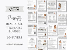 Promotional graphic for a 'Prospecting Real Estate Templates Bundle' made in Canva, featuring a grid of sample real estate flyer templates on the right and bold text on the left.